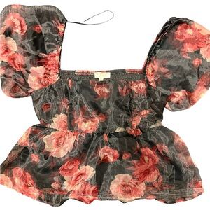 Chic Floral Puff Sleeve Blouse - Black and Pink